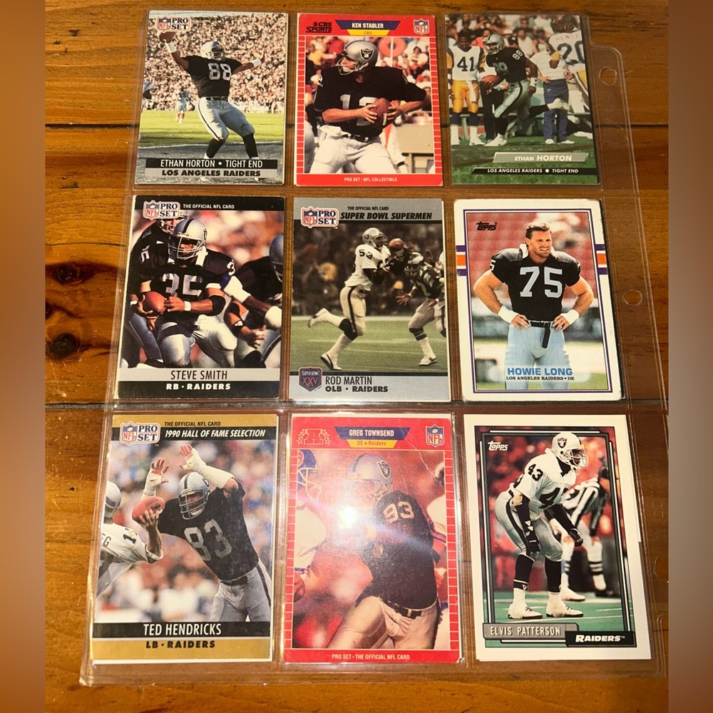 A sheet of NFL LA Raiders 1980’s & 1990’s Trading Cards. Brands NFL Pro, Topps.